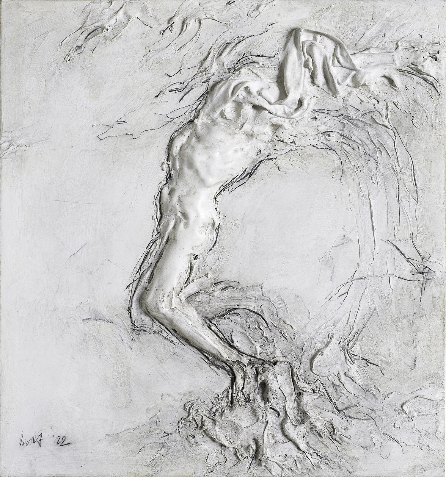 Sviluppo umano | Marmormodelliermasse, Bleistift auf Birkenholz | 75 x 70 cm